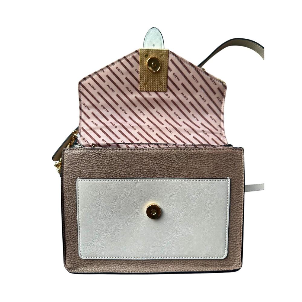 ALDO Satchel Beige & Taupe Straw Flap Bag with Melon Pink Twilly - Picture 4 of 9
